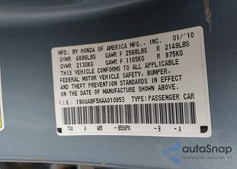 2010 Acura Tl 3.5 из США, поврежденный, VIN 19UUA8F5XAA010953